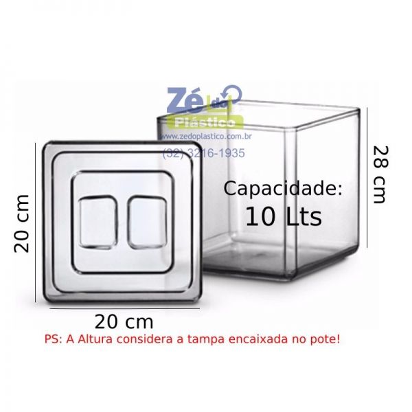 Pote Acrílico Quadrado 10 Lts com Tampa
